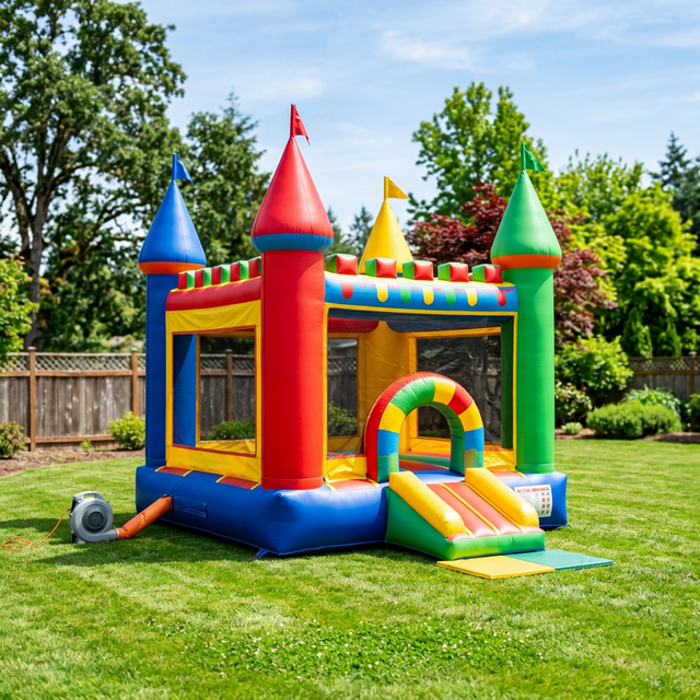 Classic colorful bouncy castle set up in a backyard